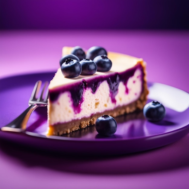 Ein Käsekuchen mit Blaubeeren auf violettem, natürlichem Hintergrund