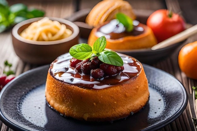 ein Käsekuchen mit einem grünen Blatt darüber