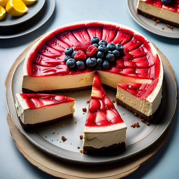 Ein Käsekuchen mit roten Beeren und Heidelbeeren obendrauf.