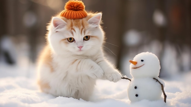 Ein Kätzchen bastelt voller Begeisterung einen Schneemann