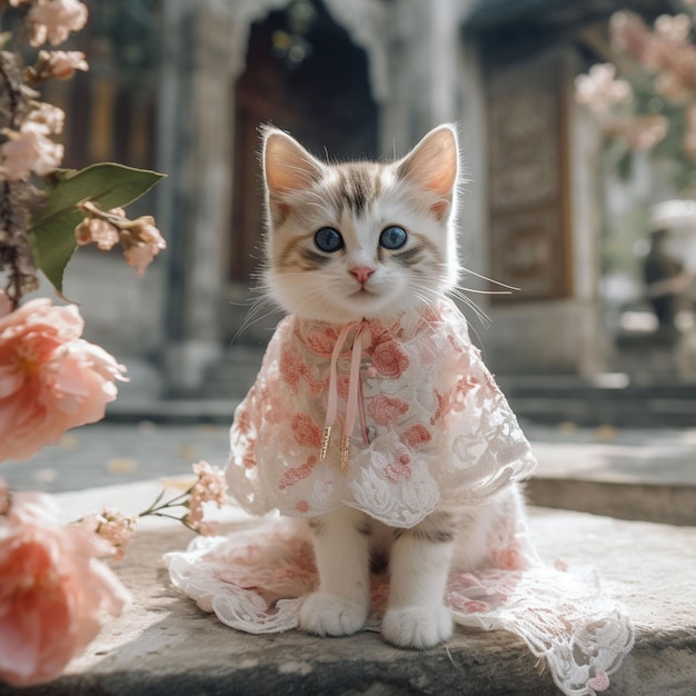 Ein Kätzchen, das ein rosa Kleid mit einer rosa Schleife darauf trägt.