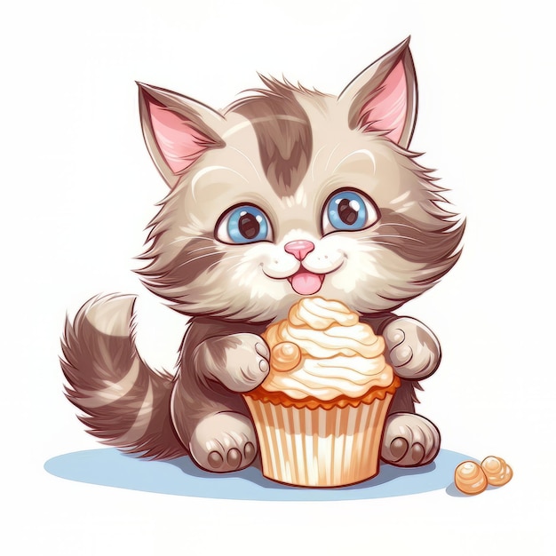 Ein Kätzchen, das einen Cupcake mit weißem Zuckerguss isst.