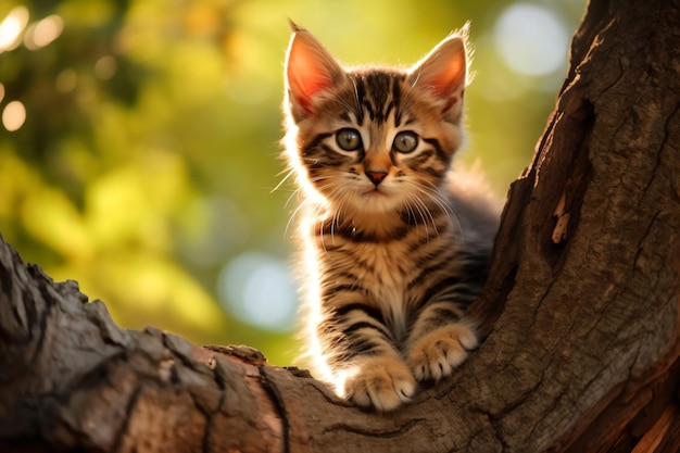 ein Kätzchen, das in einem Baum sitzt und in die Kamera schaut