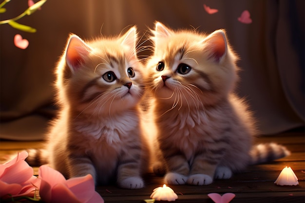 Ein Kätzchen-Duo strahlt Zuneigung aus und verkörpert den Geist des Valentinstags