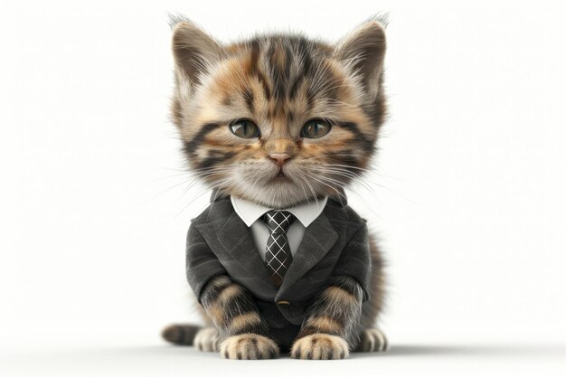 Ein Kätzchen in Anzug und Krawatte sitzt auf einem weißen Hintergrund.