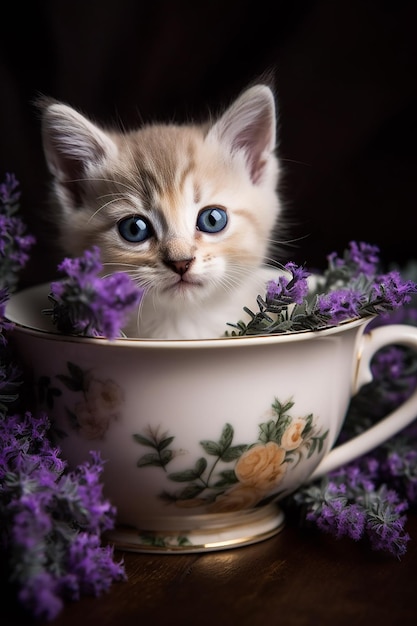 Ein Kätzchen in einer Tasse Tee