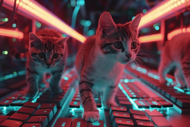 Ein Kätzchen läuft auf der Tastatur mit rotem und blauem Hintergrund