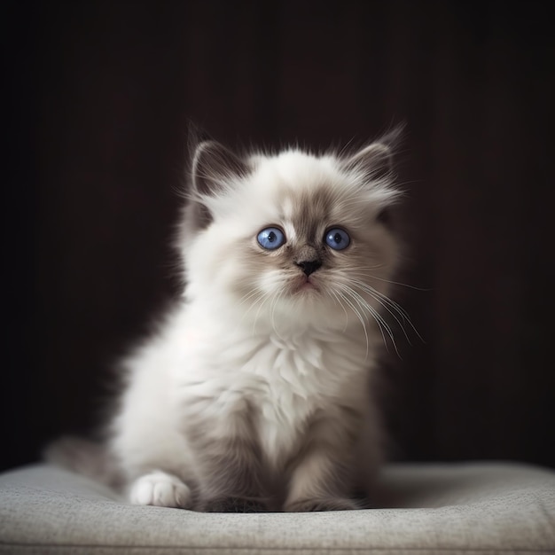 Ein Kätzchen mit blauen Augen sitzt auf einem Kissen