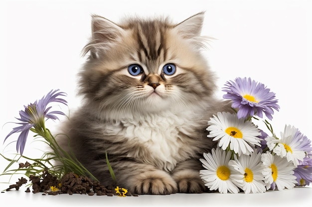 Ein Kätzchen mit blauen Augen sitzt zwischen Blumen.