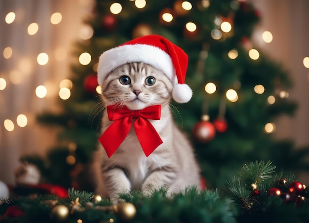 Ein Kätzchen mit einem Weihnachtsmannshut und einer Schleife um den Hals sitzt unter dem Neujahrsbaum unter den Neujahren