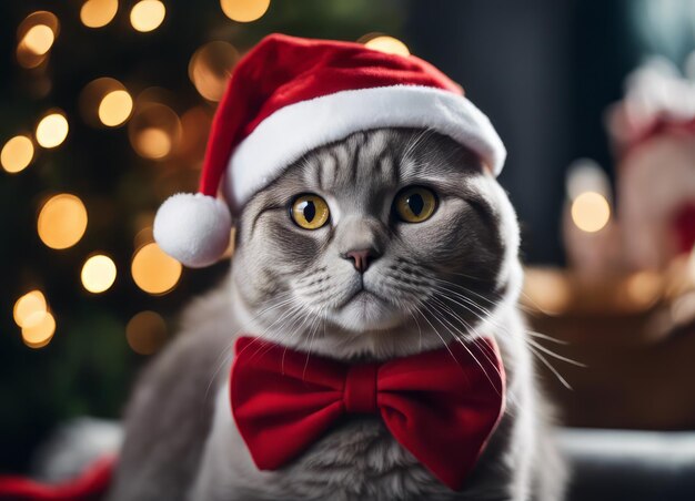 Ein Kätzchen mit einem Weihnachtsmannshut und einer Schleife um den Hals sitzt unter dem Neujahrsbaum unter den Neujahren