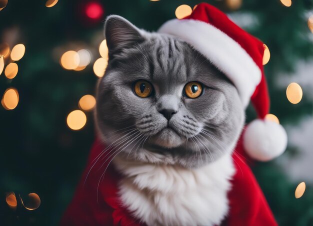 Ein Kätzchen mit einem Weihnachtsmannshut und einer Schleife um den Hals sitzt unter dem Neujahrsbaum unter den Neujahren