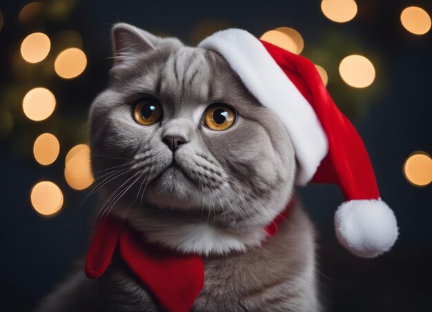 Ein Kätzchen mit einem Weihnachtsmannshut und einer Schleife um den Hals sitzt unter dem Neujahrsbaum unter den Neujahren