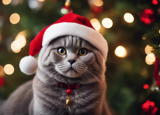 Ein Kätzchen mit einem Weihnachtsmannshut und einer Schleife um den Hals sitzt unter dem Neujahrsbaum unter den Neujahren