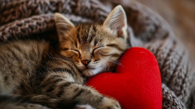 Foto ein kätzchen schläft auf dem herzförmigen kissen