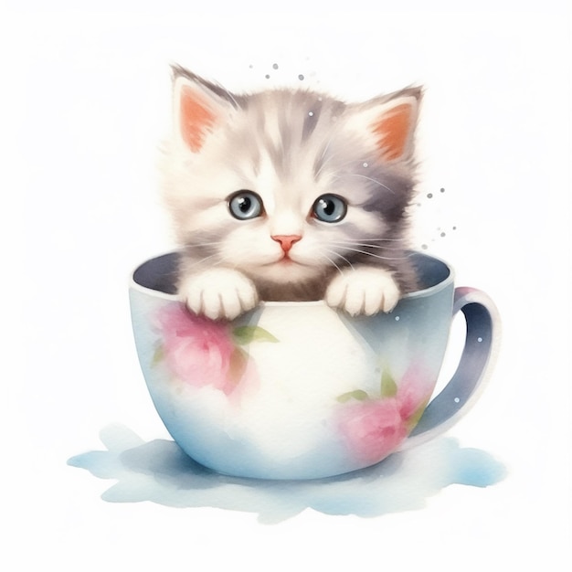 Ein Kätzchen sitzt in einer Tasse mit Blumen darauf.