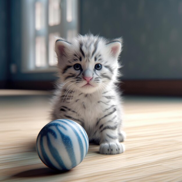 Ein Kätzchen sitzt neben einem blau-weißen Ball.