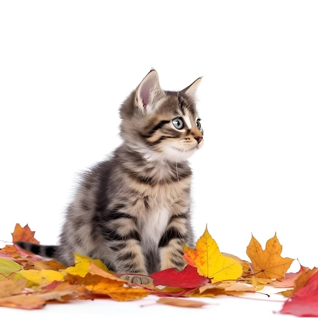 Ein Kätzchen sitzt zwischen Herbstblättern und blickt in die Kamera.