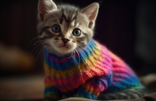 Ein Kätzchen trägt einen Regenbogenpullover mit der Aufschrift „Katze“ darauf