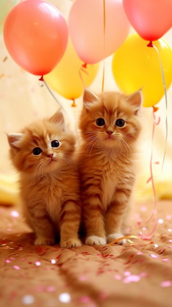 Ein Kätzchen und ein Haufen Luftballons