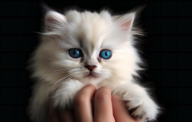 Ein Kätzchen wird von einer Hand hochgehalten