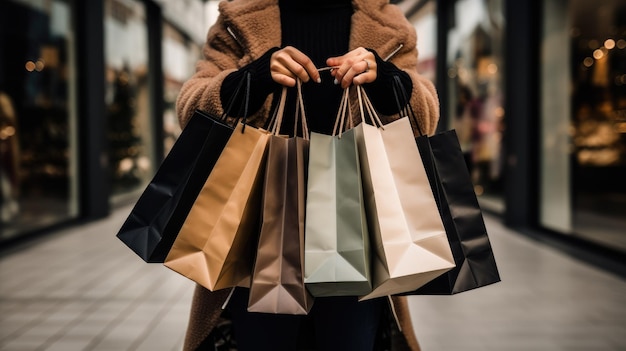 Ein Käufer hält mehrere Einkaufstüten voller Black-Friday-Einkäufe in der Hand