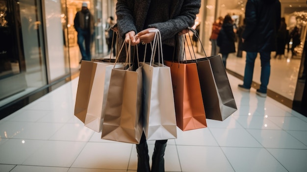 Ein Käufer hält mehrere Einkaufstüten voller Black-Friday-Einkäufe in der Hand