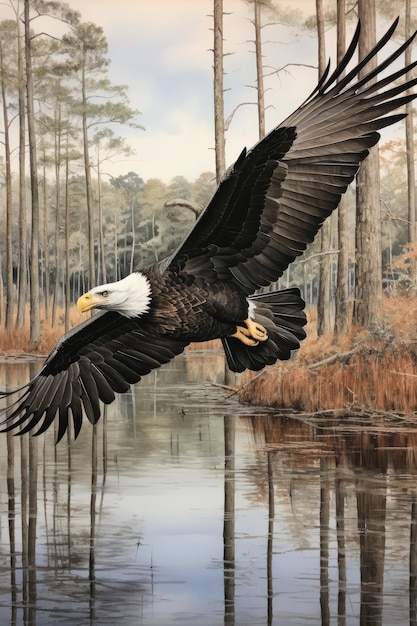 Foto ein kahlköpfiger adler gleitet über wasser mit einem wald als hintergrund generative ki