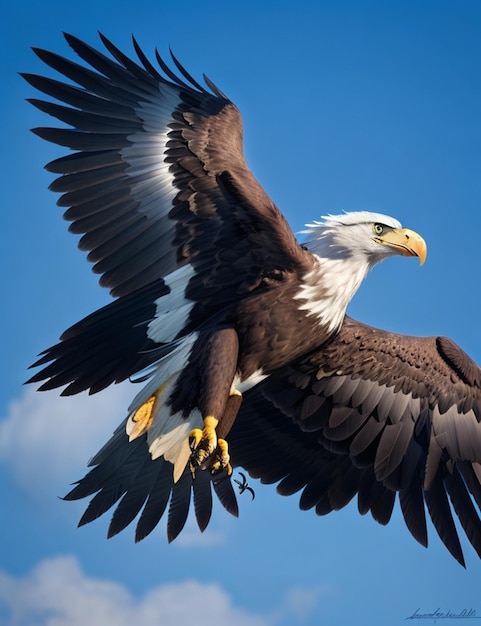 Ein kahlköpfiger Adler mit einem gelben Schild am Schwanz