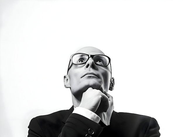 Ein kahlköpfiger Mann, der isoliert auf weißem Hintergrund nach oben blickt. Geschäftsmann mit Brille. Denkende Person