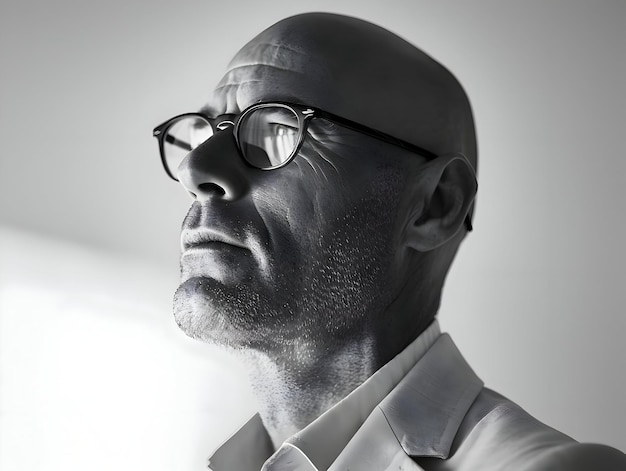 Ein kahlköpfiger Mann in Brillen-Minimalismus. Stilvolles Schwarz-Weiß-Foto eines Geschäftsmannes mit hoher Auflösung