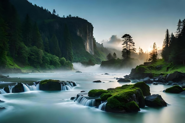 Ein kaiserlicher Wasserfall, umgeben von alkoholischem Grün und Dunkelheit, der den Baron und Zerstörer der Natur präsentiert.