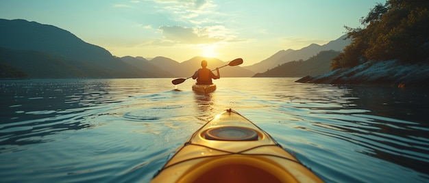 Ein Kajakfahrer in der Karibischen Bucht bei Sonnenaufgang Ein ruhiger Hintergrund