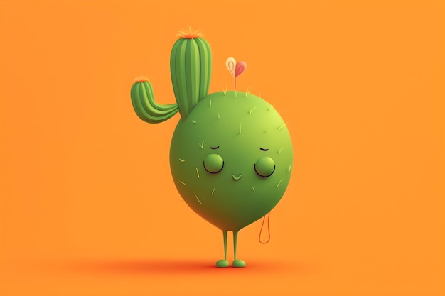 Ein Kaktus mit geschlossenen Augen auf orangefarbenem Hintergrund