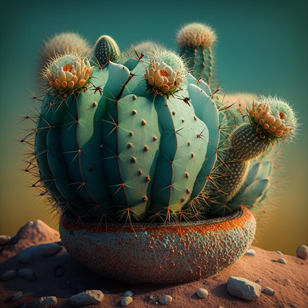 Ein Kaktus mit grün-blauem Muster steht in einer Wüste.