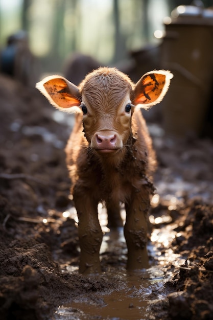 Ein Kalb ruht im Waldschlamm. Generative KI.