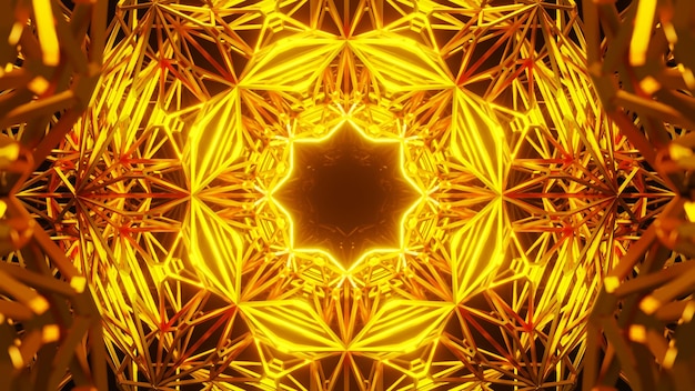 Ein Kaleidoskop aus gelben und orangefarbenen Formen mit schwarzem Hintergrund.