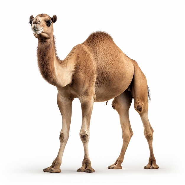 Foto ein kamel, das draußen mit weißem hintergrund steht