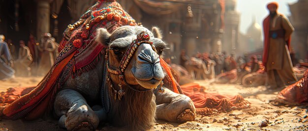 Foto ein kamel, das im schmutz liegt