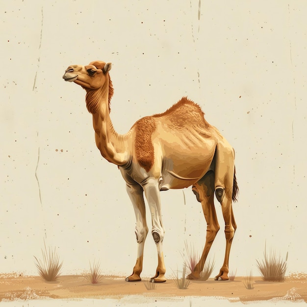 ein Kamel mit einem Kamel auf dem Rücken ist in einem braunen und weißen Foto gezeichnet