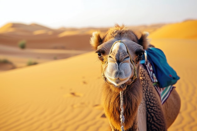 Ein Kamel mit einem Sattel auf dem Rücken, das in der weiten Wüstenlandschaft steht, ein widerstandsfähiges Kamel, das durch die brennende Wüste wandert.