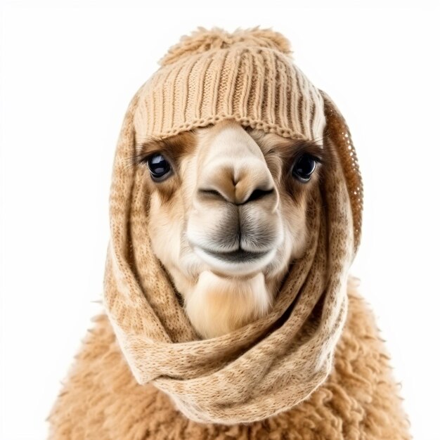 ein Kamel mit Strickmütze und Schal