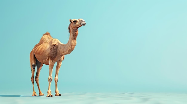 Ein Kamel steht in der Wüste, das Kamel ist braun und hat einen großen Buckel auf dem Rücken, es steht auf dem Sand und schaut zur Seite.
