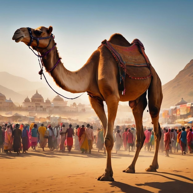 Ein Kamel, umgeben von Menschen in der Wüste