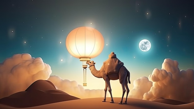 Ein Kamel und eine Laterne in der Wüste