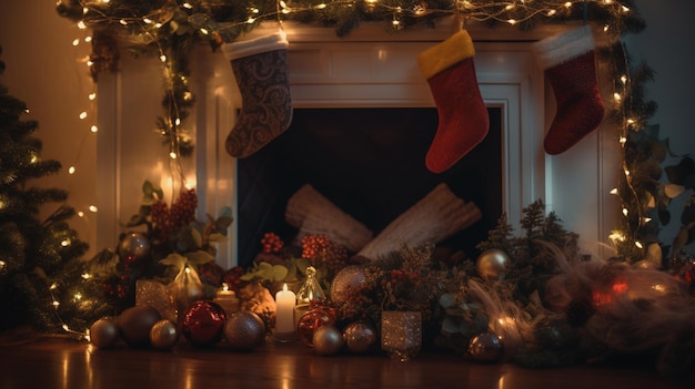 Ein Kamin mit einem Weihnachtsbaum und einer Kerze auf dem Kaminsims
