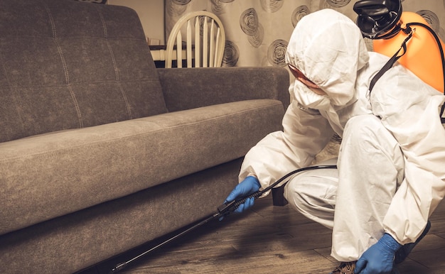 Ein Kammerjäger in Arbeitskleidung versprüht Pestizide mit einer Spritzpistole. Bekämpfung von Insekten in Wohnungen und Häusern. Desinsektion der Räumlichkeiten.