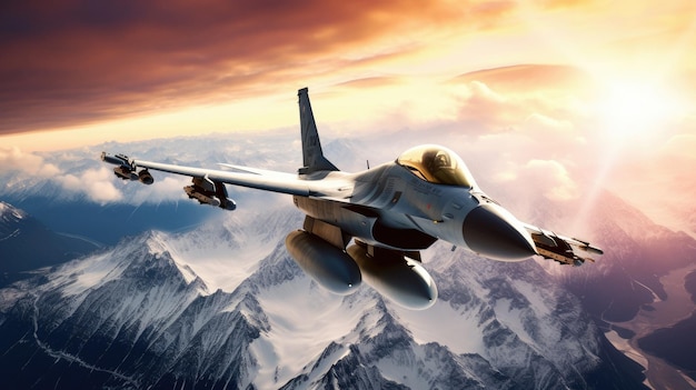 Ein Kampfjet fliegt über eine Bergkette.