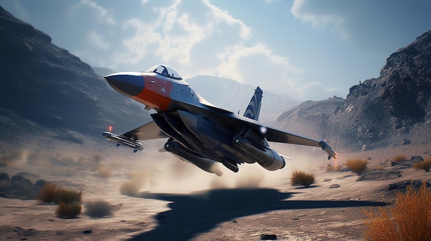 Ein Kampfjet fliegt über einer Wüste mit Bergen im Hintergrund.