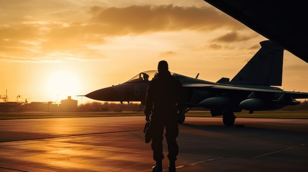 Ein Kampfjet parkt bei Sonnenuntergang auf der Landebahn.